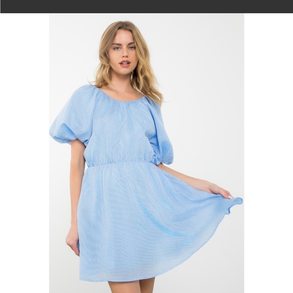 THML Blue Striped Puff Sleeve Open Back Mini Dress